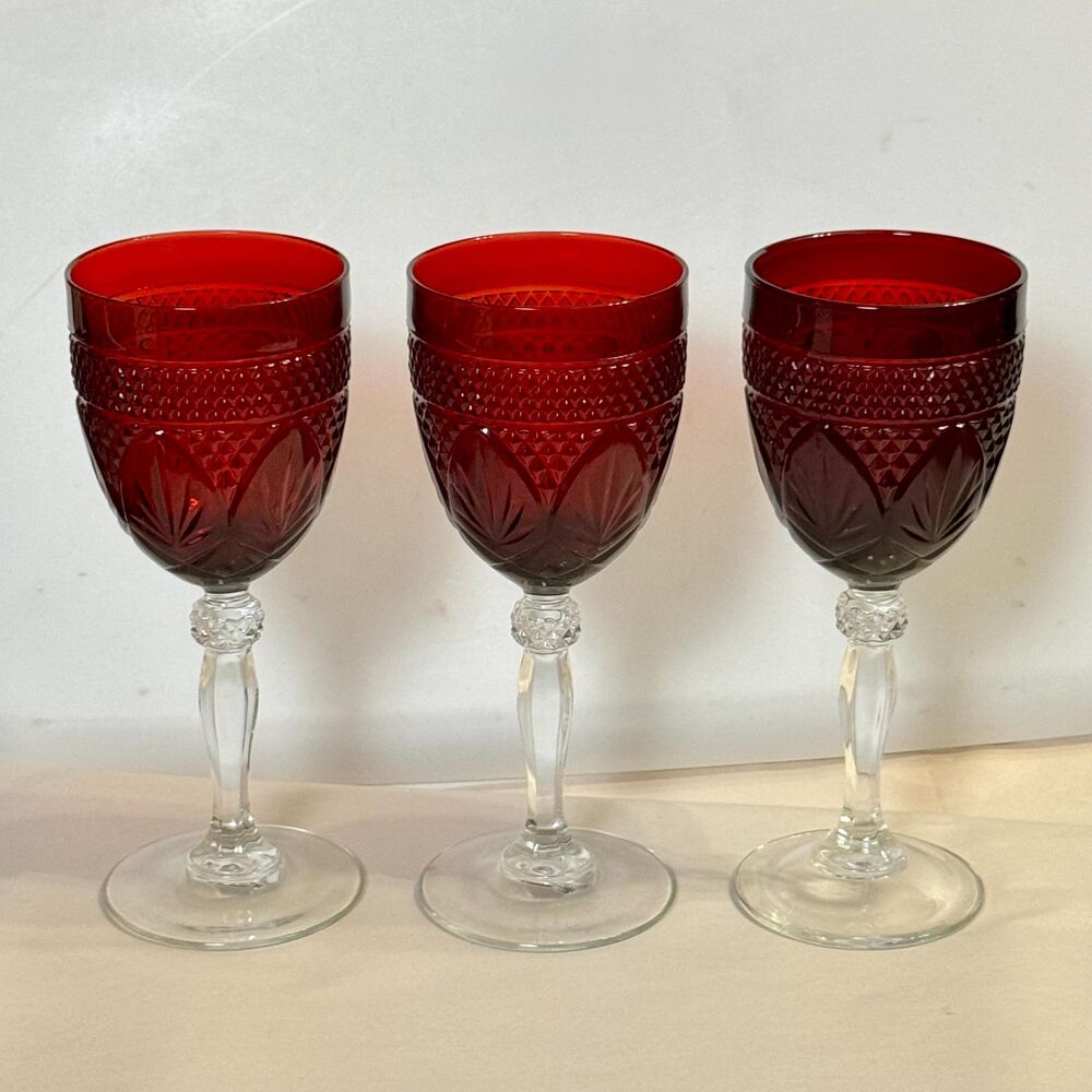 Vintage Cristal dArques Ruby Red Wine Goblets Set of 3 Gothic Clear Stem Glasses